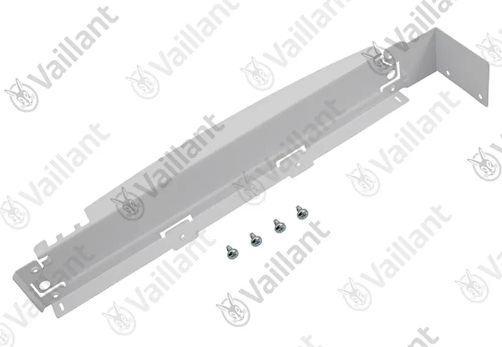 Weiße Metallleiste von Vaillant mit mehreren Halterungen und vier Schrauben zur Befestigung.